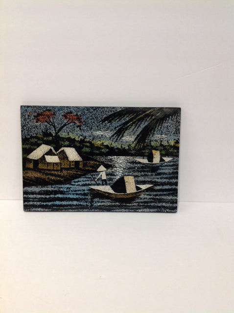 12x8 Black Lacquer Fishing Village Made w/Egg Shells