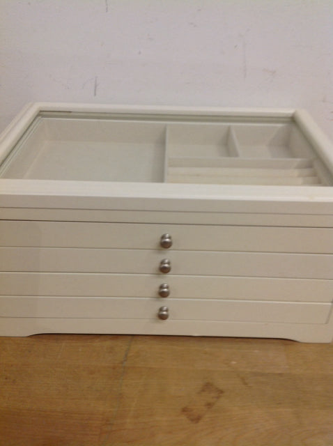 15" White Wood & Glass Jewlery Box