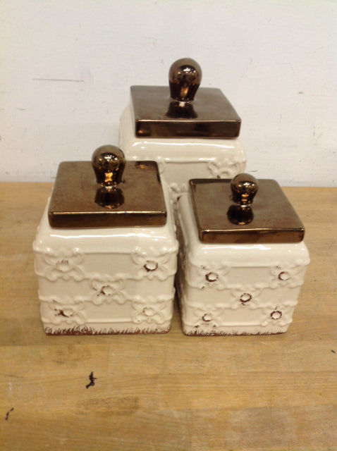 Set Of 3 Cream Ceramic Canisters