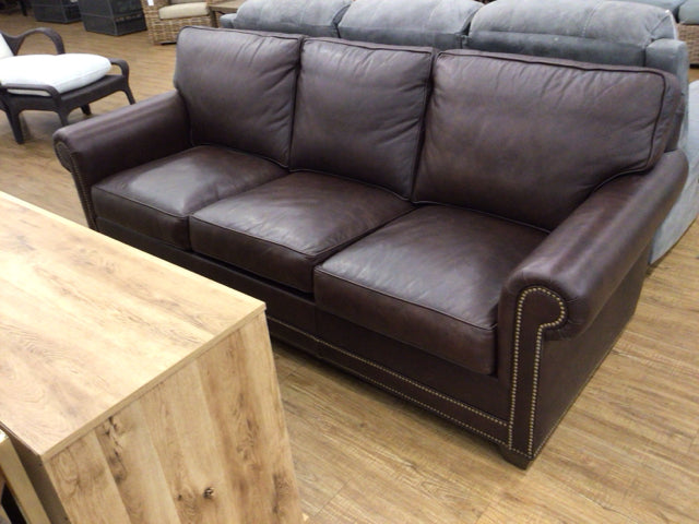 Classic Leather Brown Leather Three Seat Sofa W/Gold Nailheads