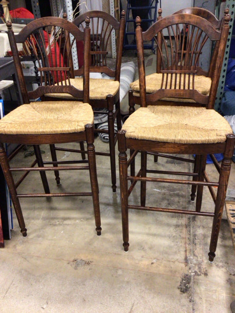 Set Of 4 Antique Country & Pine Ladder Back Rush Seat Bar Stools