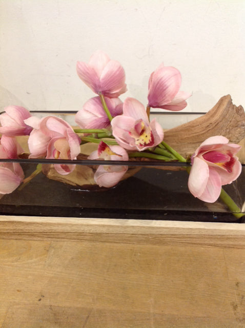 12" Glass Vase Driftwood W Pink Orchid