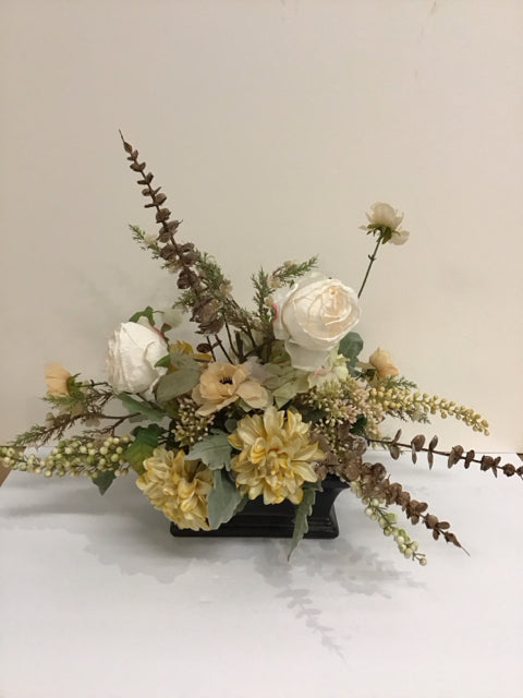 Silk Roses/Dahlias Floral in Black Planter