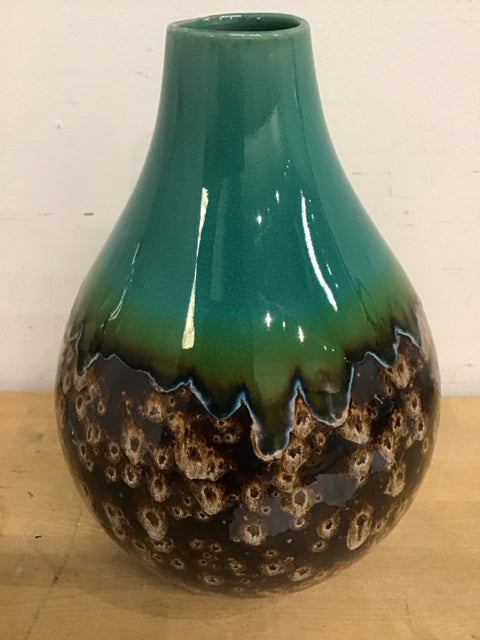 14" Ambre Teal & Brown Ceramic Glazed Vase