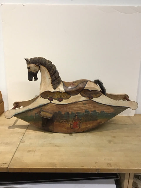 Hand Carved Painted Rocking Horse w/Glass Eyes