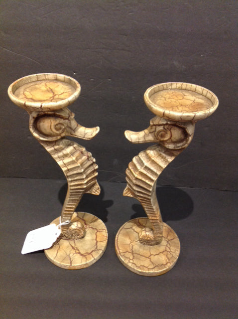 Pair-Crackle Resin Seahorse Candle Holders