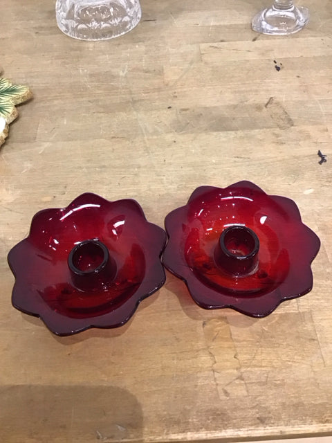 Pair Of Red Glass Candle Holder