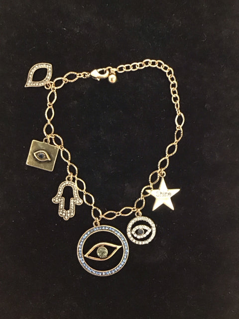 Gold Tone Charm Anklet w/Evil Eyes