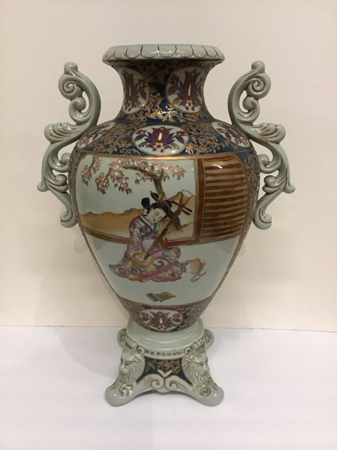 21" Footed Satsuma Porcelain Vase w/Handles
