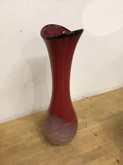 21" Red Gray & Orange Swirl Art Glass Vase
