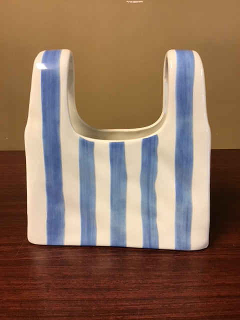 8" Blue & White Striped Shopping Bag Vase