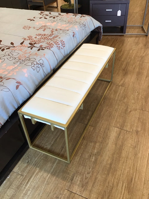 White Leather & Brushed Gold Metal Bench