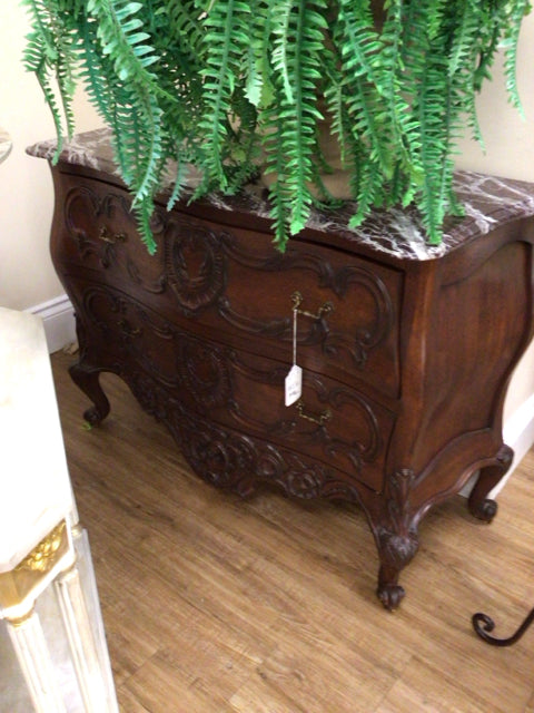 Stone Top Two Drawer Carved Chest