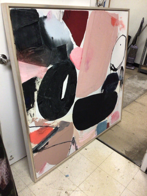 142" X 138" Framed Abstract Black & Pink Art On Canvas