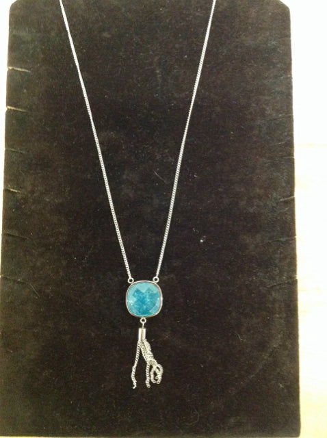 Silver w/Blue Stone Pendant & Tassel Necklace