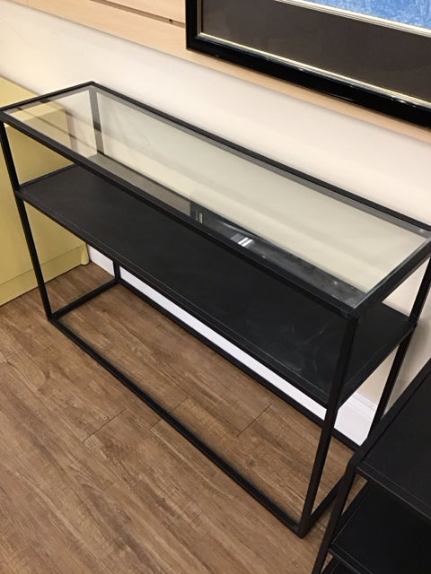 2-Level Glass Black Metal Console AS-IS Glass Scratched
