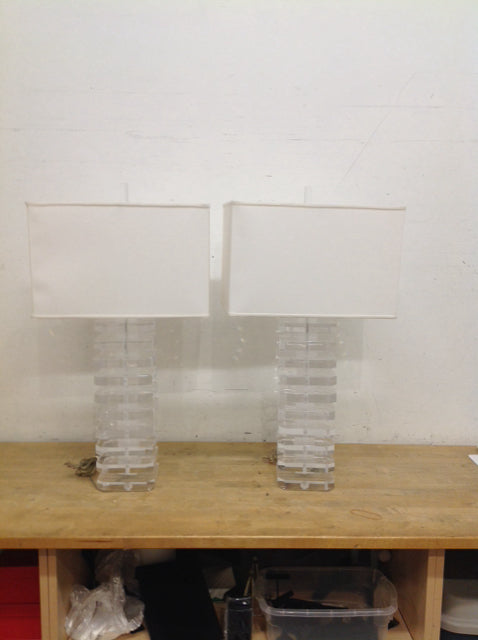 Pair Karl Springer Style Stacked Lucite Skyscraper Lamps