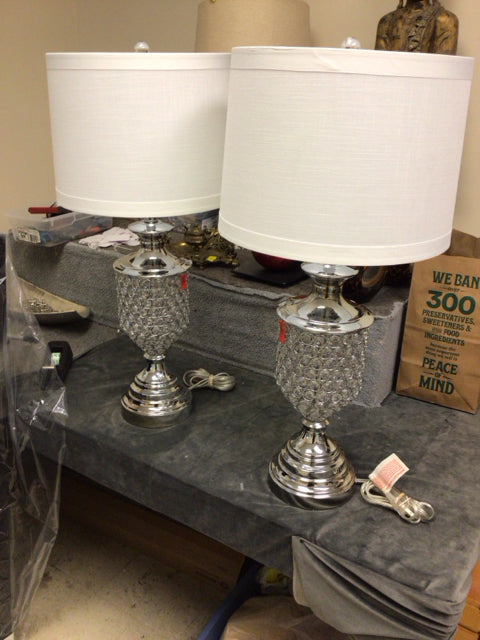 29" Pair Of Chrome Jeweled Table Lamps W/Shades