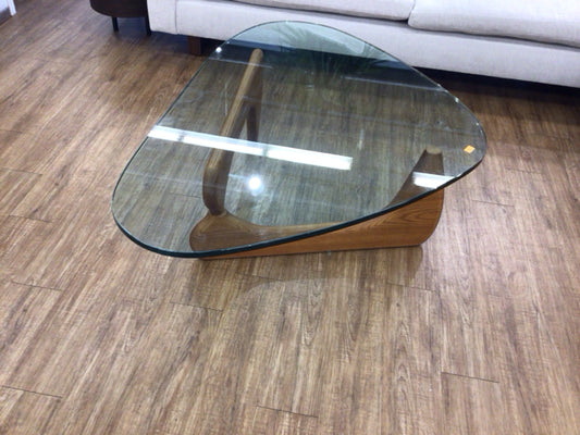 Triangle Glass Top Wood Base Coffee Table