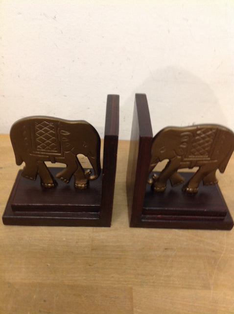 6" Pair Of Wood. & Brass Elephant Bookends