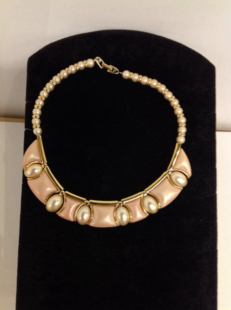 Gold Necklace w/Pink Enamel & Faux Pearls