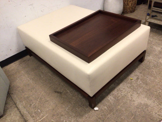 Cream Vinyl Wood Base Storage Ottoman W/Tray