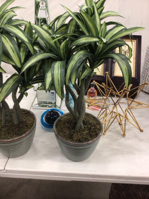 Faux Pooted Plant In Ceramic Ribbed Grey Planter