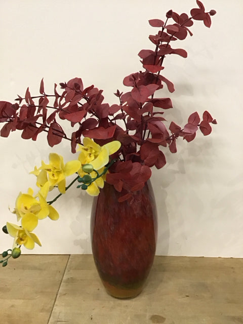 Eucalyptus Yellow Orchids Red Art Glass Vase