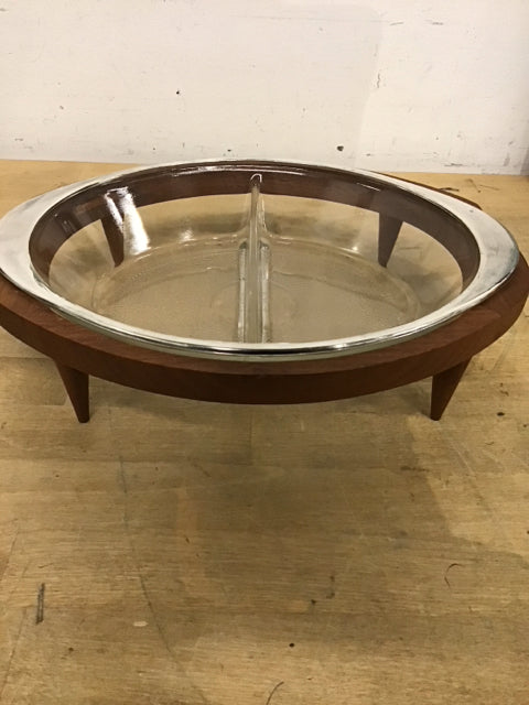 13" Double Sided Glass Bowl W/Wood Stand
