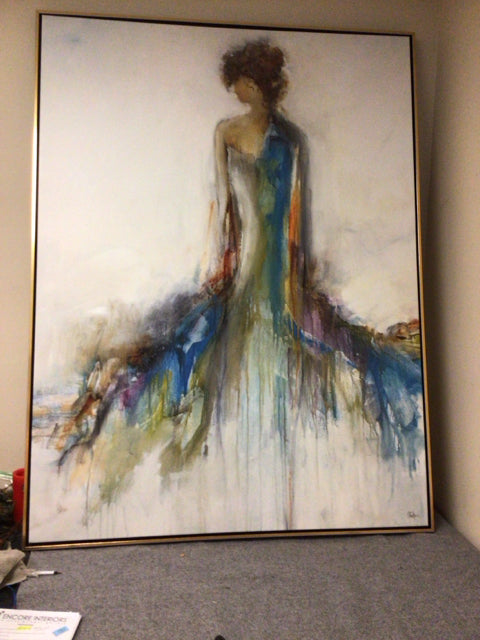 46" X 61" AS-IS Black & Gold Framed Woman/Dress Print On Canvas