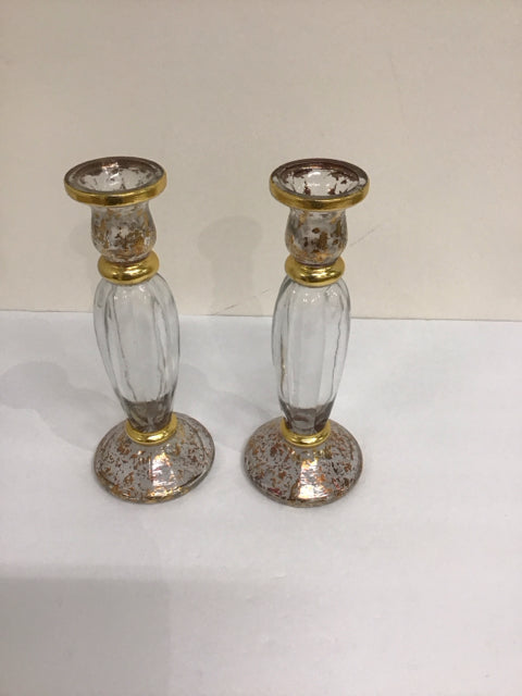 9" Pair Euroglass Candlesticks w/Gold Leaf Trim