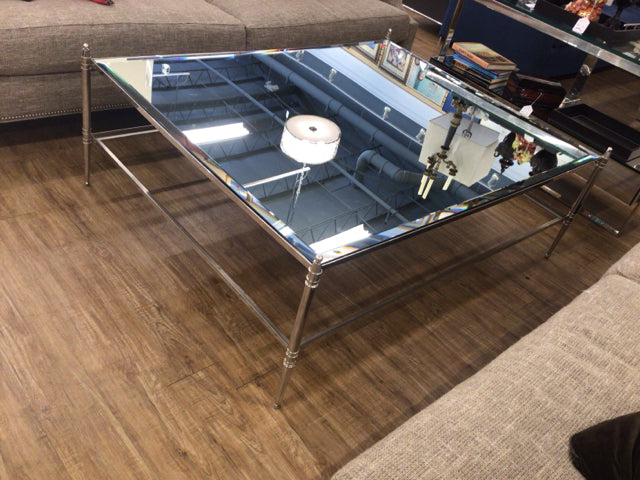 46" X 58"AS-IS Chrome Beveled Mirrored Top Coffee Table(Scratches In Mirror)