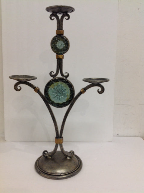 21" Metal w/Glass Medallions 3-Candle Holder