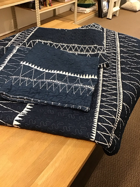 KING Navy/White Quilted Comforter w/2 Shams