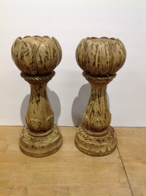 14" Pair Weathered Wood Candle Holders