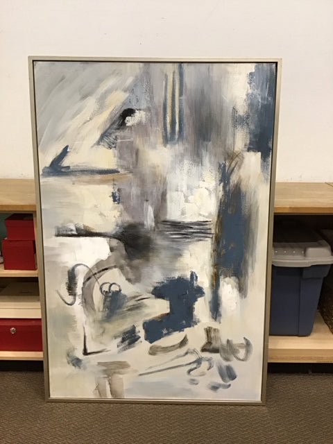 40x60 Silver Framed Blue/Tan Black Abstract