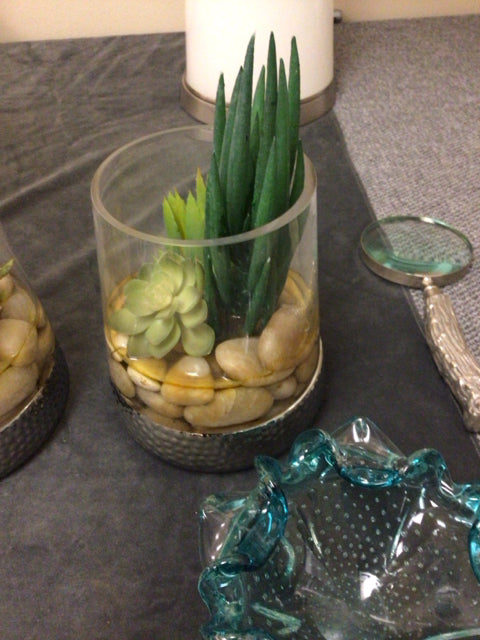 2 PC Faux Topiary In Glass Hammered Chrome Base