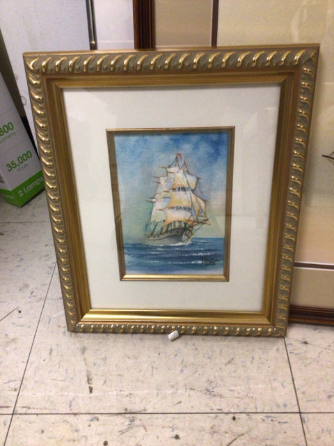 10 1/2" X 12" Gold Framed Multi Mast Boat Print