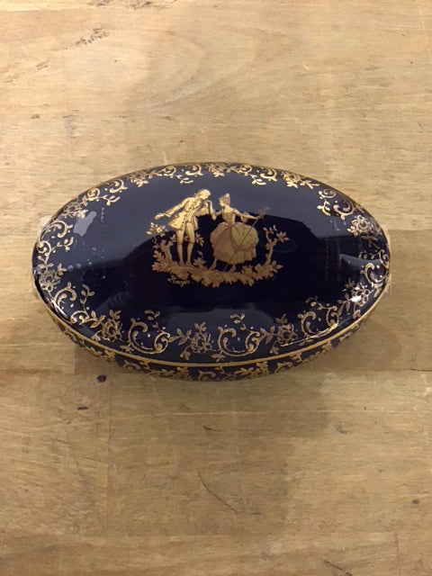 4" Limoges Oval Cobalt Blue & Gold Trinket Box