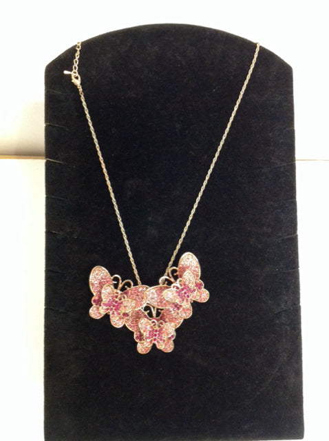 Gold Necklace w/Pink Rhinestone Butterflies