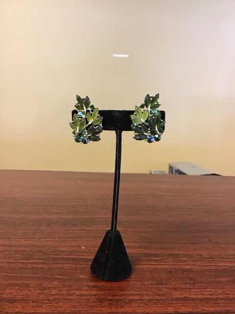 Grean Crystal Leaf ShapeEarrings Signed By Listner