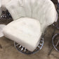 AS-IS Pair Of White Vinyl Button Tufted Aluminum Slatted Back Dining Chairs