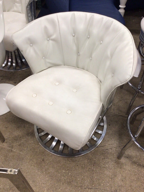 AS-IS Pair Of White Vinyl Button Tufted Aluminum Slatted Back Dining Chairs