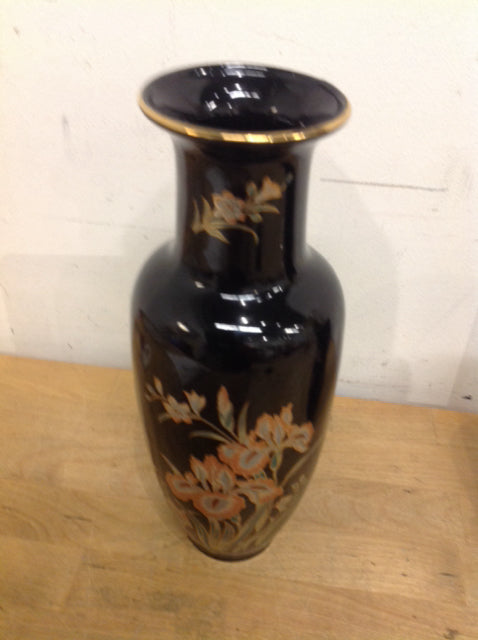 Vase- 11" Japan Ceramic  Black Floral