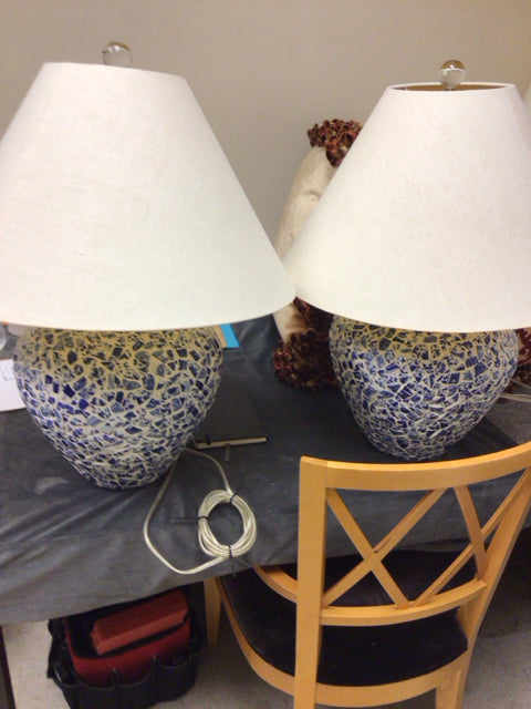 Pair Of Ethan Allen (?) Blue & White Tile Table Lamps W/Shades