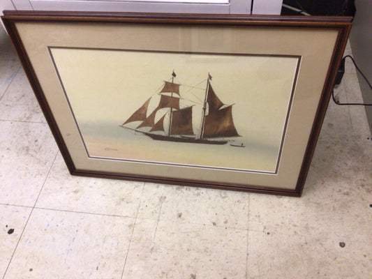 26 1/2" X 19 1/2" Framed Multi Mast Ship & Small Boat Print