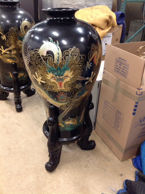 38" Black Resin Asian Dragon Vase w/Stand