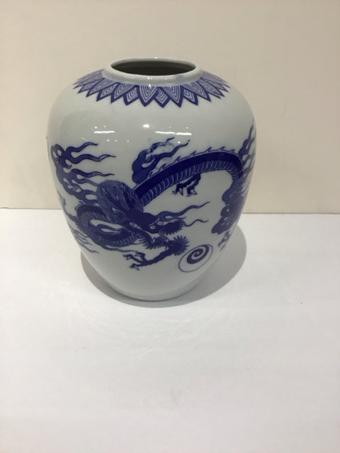 7" Blue/White Painted Vase w/Dragon