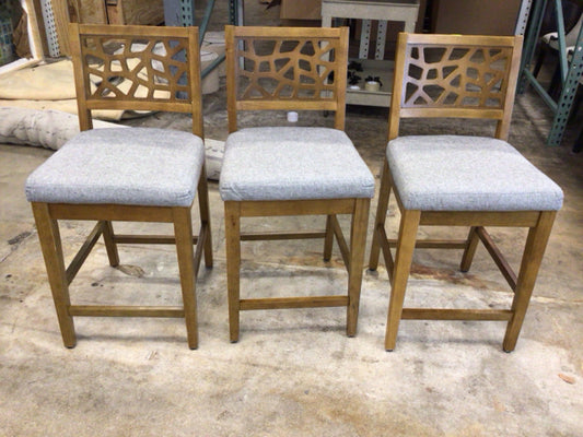 Set Of 3 Grey Cushion Crackle Back Counter Stools