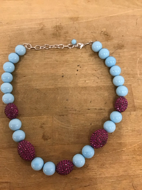 Turquoise Colored Beads W/Rasberry Crystal Necklace
